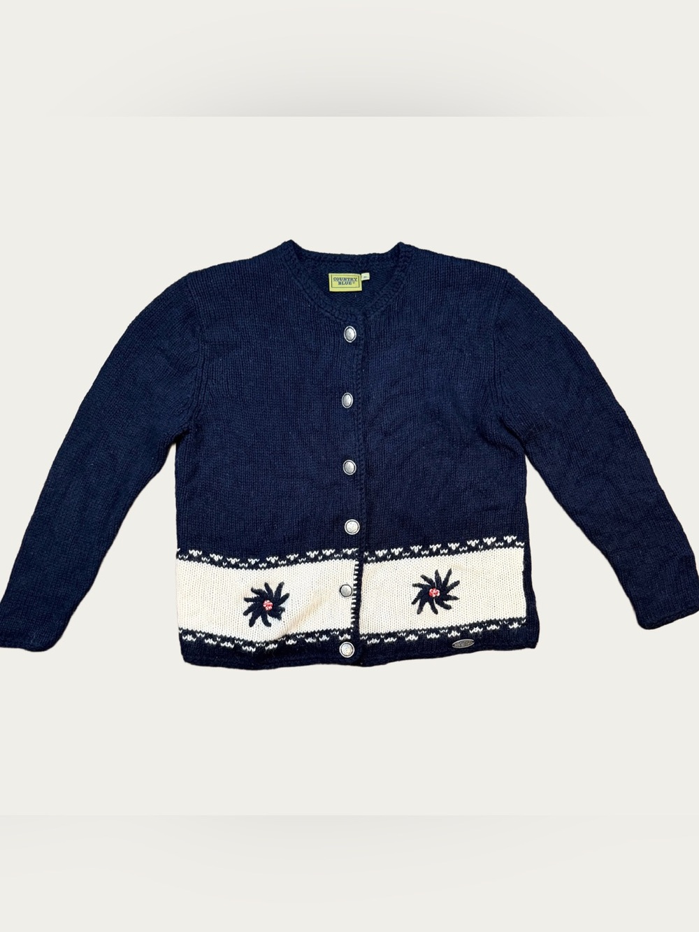 Country Blue Navy Floral Design Knit Cardigan Wool Blend Cottage Core
